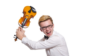 Young funny violin player isolated on white
