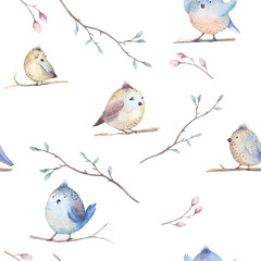 Watercolor  spring  rustic pattern with nest, birds, branch,tree