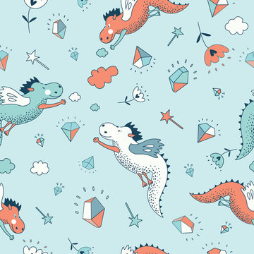 Cute  funny  fantasy  vector  seamless  dragon pattern .
