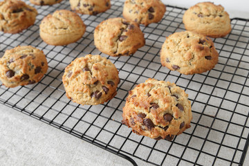 chocolate chip coconut cookies on cooling rack