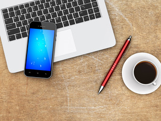 Laptop, smartphone and coffee on a desk