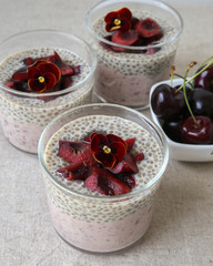 Chia seeds pudding with cherry, selective focus