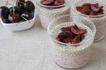 Chia seeds pudding with cherry, selective focus