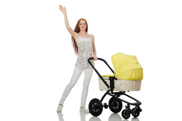 Woman with baby and pram isolated on white
