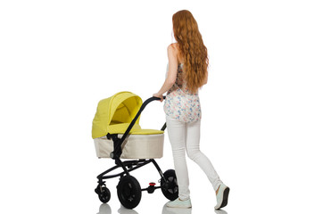 Woman with baby and pram isolated on white