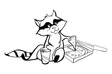 Cute Raccoon with pizza and pop monochrome vector