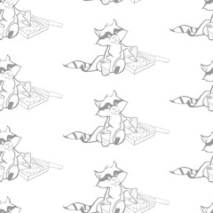 Cute Raccoon with pizza and pop seamless background pattern vect