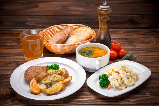 Business Lunch With Soup, Salad And Juice