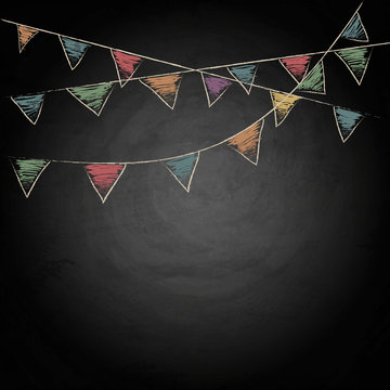 Chalkboard background with drawing bunting flags