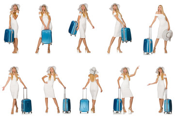 Fototapeta na wymiar Travelling woman with suitcase isolated on white