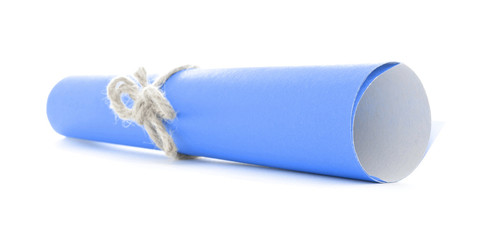 Blue letter roll tied with unfocused natural rope bow isolated