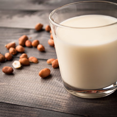 Glass of milk on wooden background