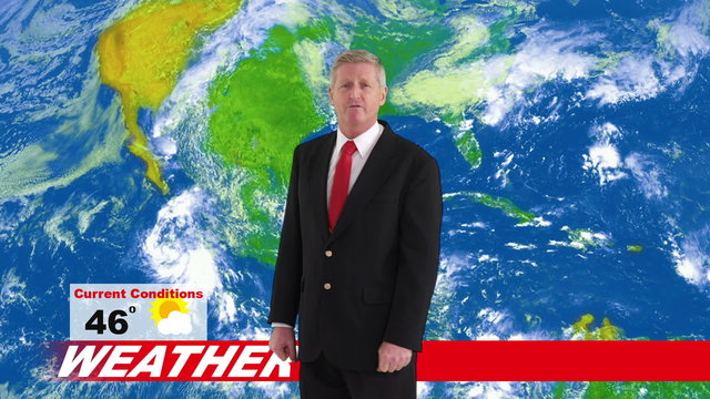 Weatherman in news studio giving weather forecast