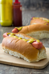 Hot dogs with mustard and ketchup
