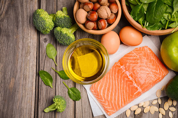 Selection of healthy products. Balanced diet concept. Rustic background. Horizontal permission. Top view. Copy space.