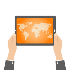 tablet in hands. world map in dots