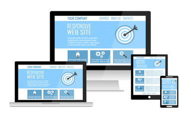 Responsive web site design flat concept in electronic devices: computer, laptop, tablet, mobile phone.