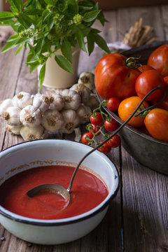 Still life of homemade tomato sauce with tomatoes, garlic and herbs