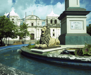 lion state  fountain by statue Maximo Jerez Cathedral of Leon Ni