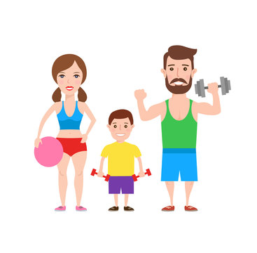 sporty and healthy family illustration isolated on white background. man with dumbbell.woman with ball