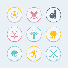sport, games, competition icons, sport symbols, color round icons, vector illustration