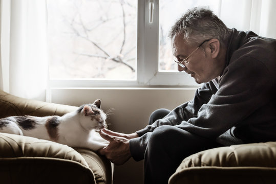 Senior man playing with cat while sitting indoors