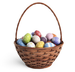 Fototapeta na wymiar 3D Easter basket filled with colorful eggs. Isolated 