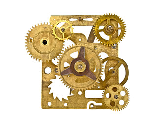 Old clock mechanism with gears isolated on white background, clo