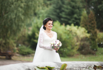 Fototapeta na wymiar Beautiful brunette bride in elegant white dress holding bouquet posing neat trees 