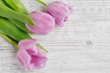 Purple tulips on wooden table