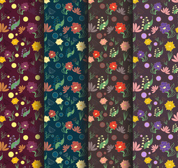 Set of seamless hand drawn floral patterns in different bright dark colors, dark background with small spring flowers. Vector illustration.