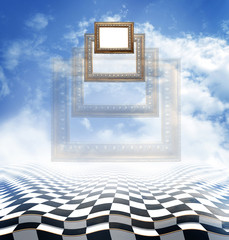 Flying аncient carved baguettes on an abstract fantasy background with checkerboard floor