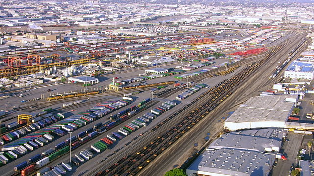 Aerial view of train yard in east Los Angeles