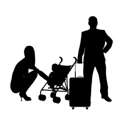 couple with baby and travel bag illustration