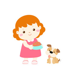 little girl feeding dog cartoon vector