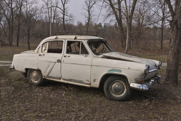 Obraz na płótnie Canvas An old broken soviet car in thin forest environment