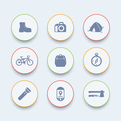 Fototapeta premium Hiking icons, camping, backpack, flashlight, tent, compass, hatchet round icons, hiking pictograms, vector illustration