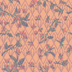 Cherry blossom seamless pattern. Branches of watercolor sakura branches on a geometric ornament. Pastel colors on coral peach background. Textile print.