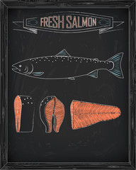 fresh whole one young salmon , fillets and steaks