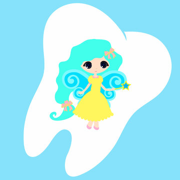  Cute cartoon tooth smiling, Princess Card little happy Tooth Fairy, white on a blue background, teeth vector icon illustration, first tooth logo