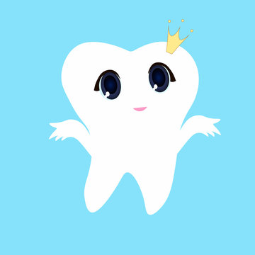 Cute cartoon tooth smiling, Card little happy Tooth Fairy, white on a blue background, teeth vector icon illustration, first tooth logo