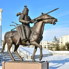 Statue featuring a historic Kazakh warrior in front of the Historical Museum in Astana, Kazakhstan
