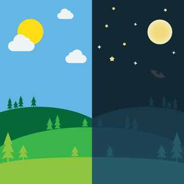 Equinox half day half night. Day and Night background with lanscape vector illustration