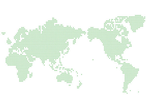 世界地図（日本中心）のイラスト: 緑色グラデーションドット