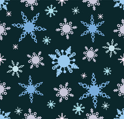 Seamless pattern with snowflakes in cartoon doodle style.
