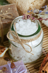 Composition of spa treatment on wooden background