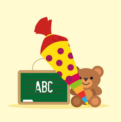 Erster Schultag mit Kreidetafel, Schult&uuml;te und Teddyb&auml;r Vektor