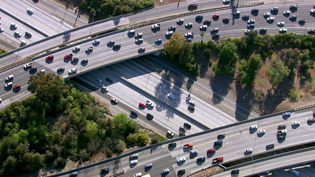 Overhead shot of busy freeway intersection, Los Angeles