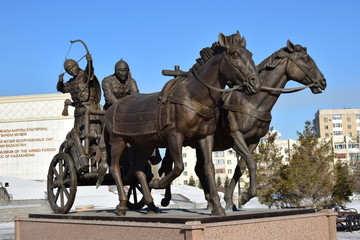 Statue featuring a historic Kazakh warrior in front of the Historical Museum in Astana, Kazakhstan