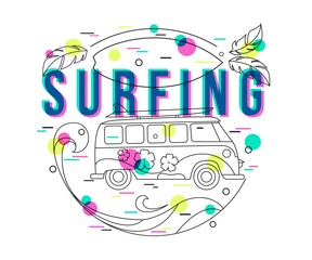 Summer Surfing Background with mini van and wave. Surfing label design for poster, banner, flyer. Hipster bus. Surfer bus. Flat Style, Thin Line Art Design.